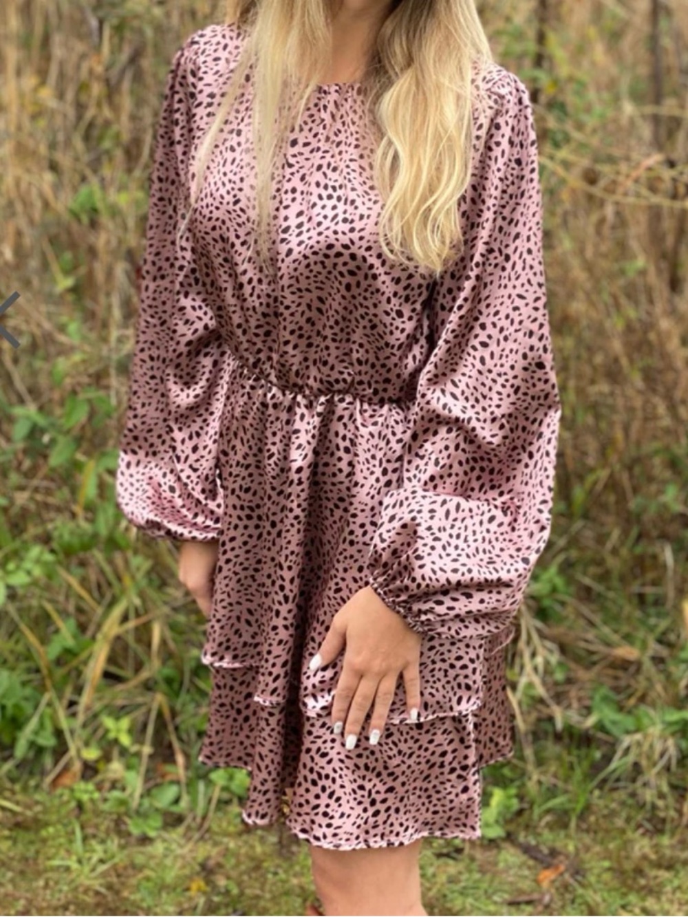 Peach Love Metallic Rose Pink Leopard Spot Knee Length Midi Dress Shiny Tiered M